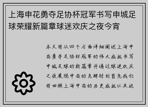 上海申花勇夺足协杯冠军书写申城足球荣耀新篇章球迷欢庆之夜今宵